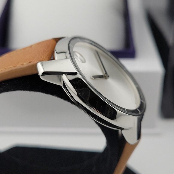 Mint! New Movado Silver Ladies Brown Leather Strap Watch main image 4